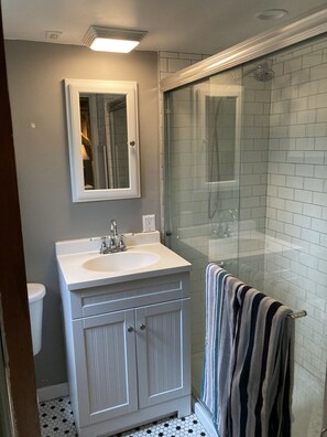 Shower, hair dryer, towels, toilet paper