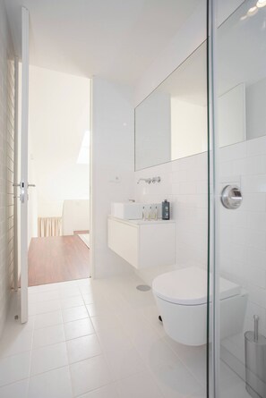 Douche, séchoir à cheveux, serviettes fournies