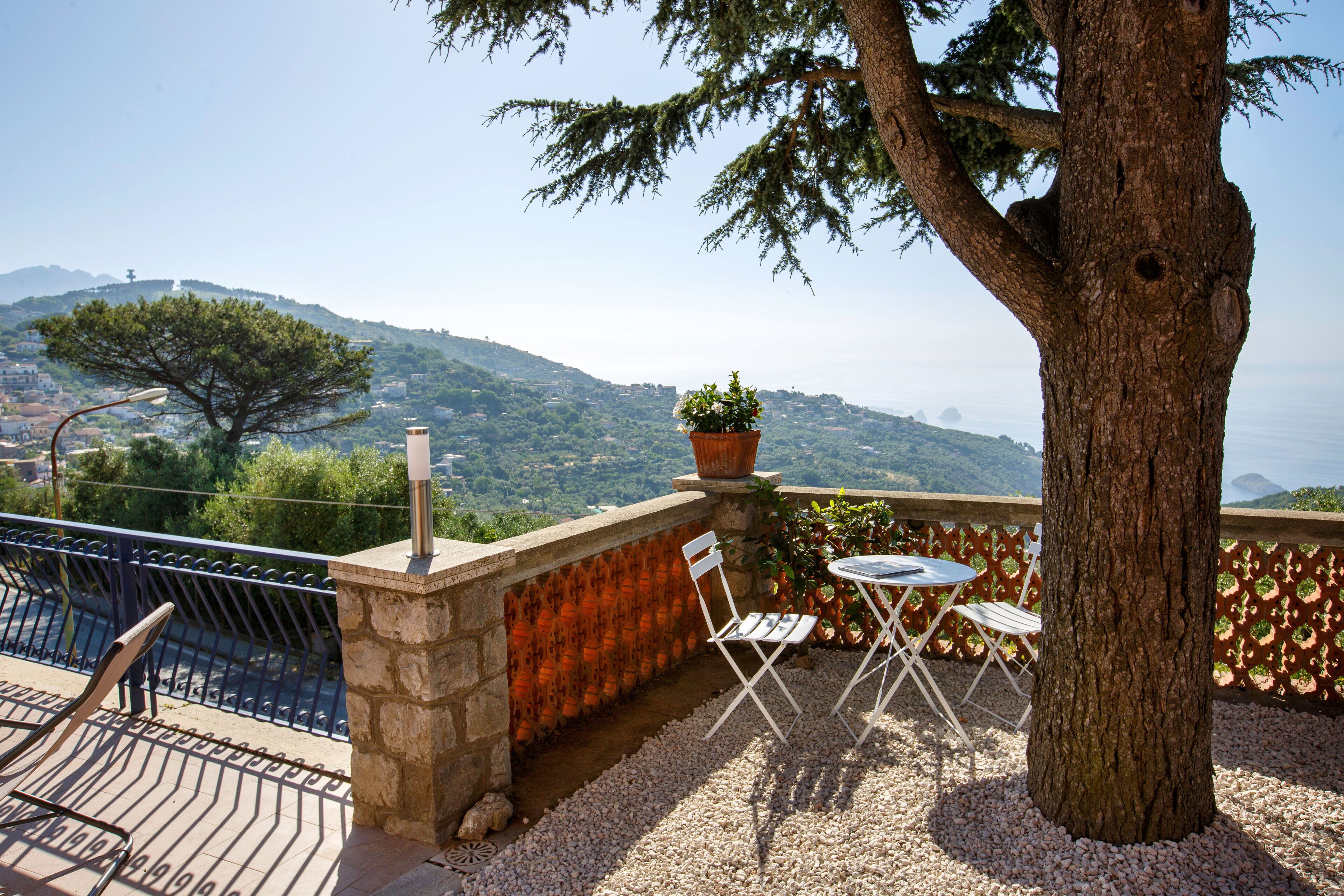 A terrace with a view of the sea, a tree, and a table with chairs.
