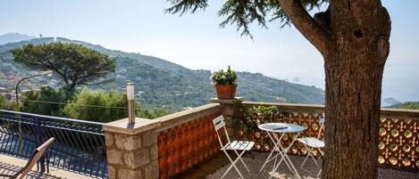 A terrace with a view of the sea, a tree, and a table with chairs.