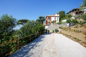 Un chemin menant à une maison avec un mur de pierre et une clôture en bois, entourée de verdure et d’arbres.