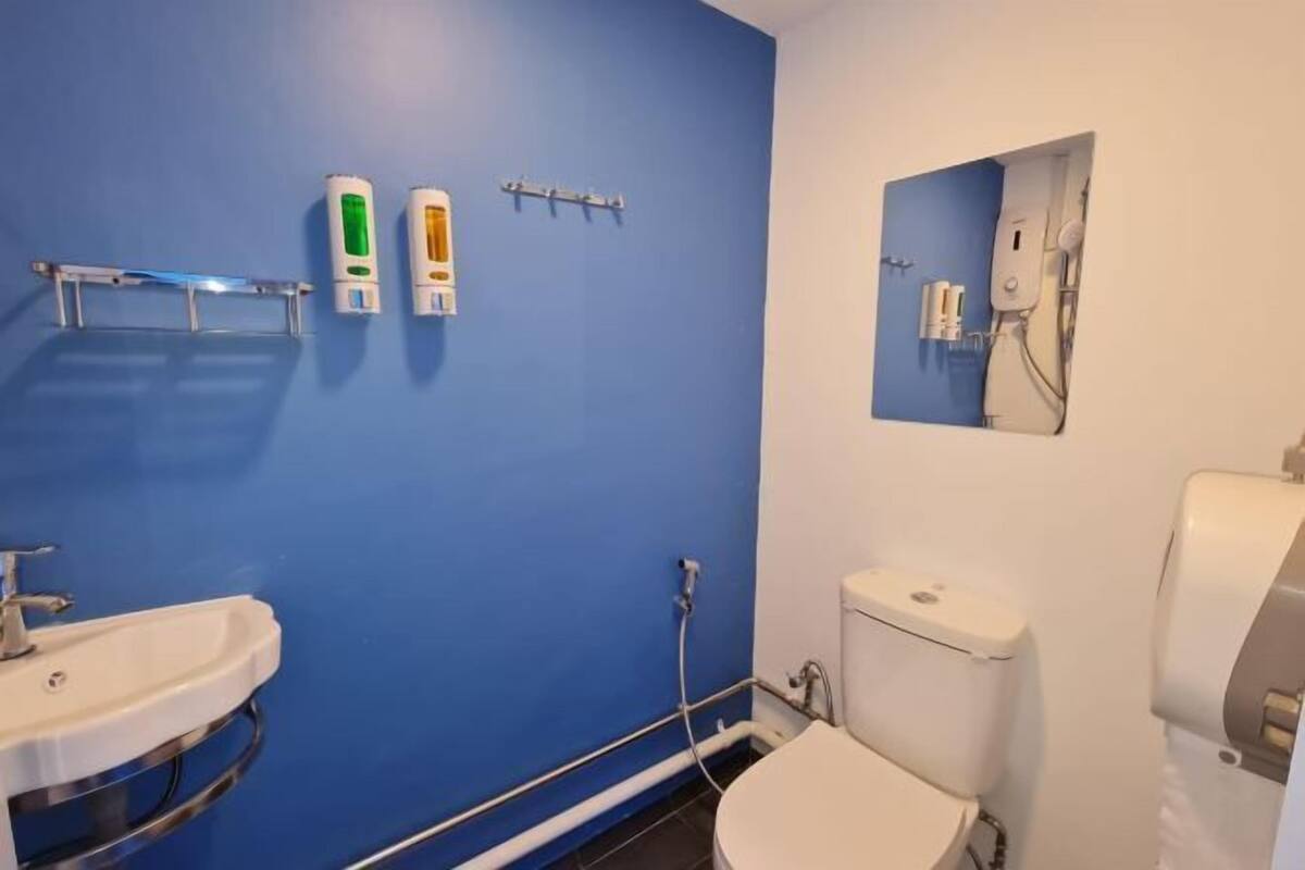 Hair dryer, towels, soap, shampoo