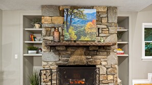 Una chimenea de piedra con un cuadro encima, rodeada de estanterías con libros y plantas.
