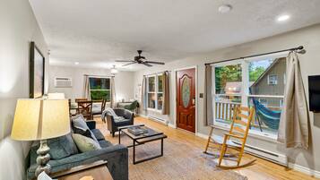 Smart TV, fireplace, DVD player, books