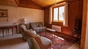 A cozy living room with wooden walls and ceiling, a sofa, a coffee table, a television, and a patterned rug. - Gîte in Donezan (Quérigut)