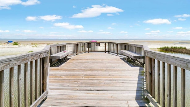 A wooden boardwalk leading to a beach with a sign indicating 'Beach Access'. - Port Royal Sound 2BR Villa Balcony, Pools & Beach Access (Hilton Head Island)