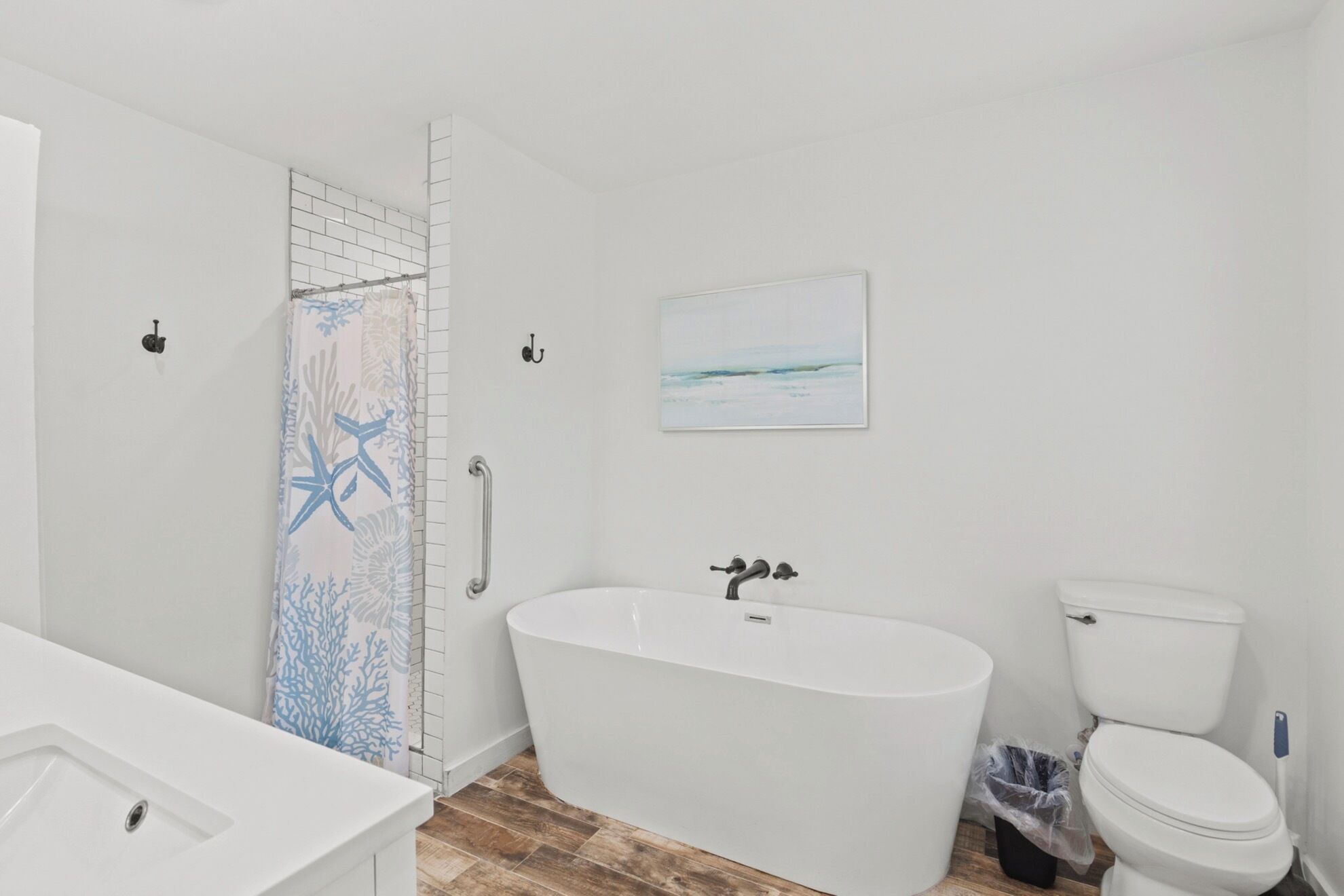Bathtub, hair dryer, towels, soap