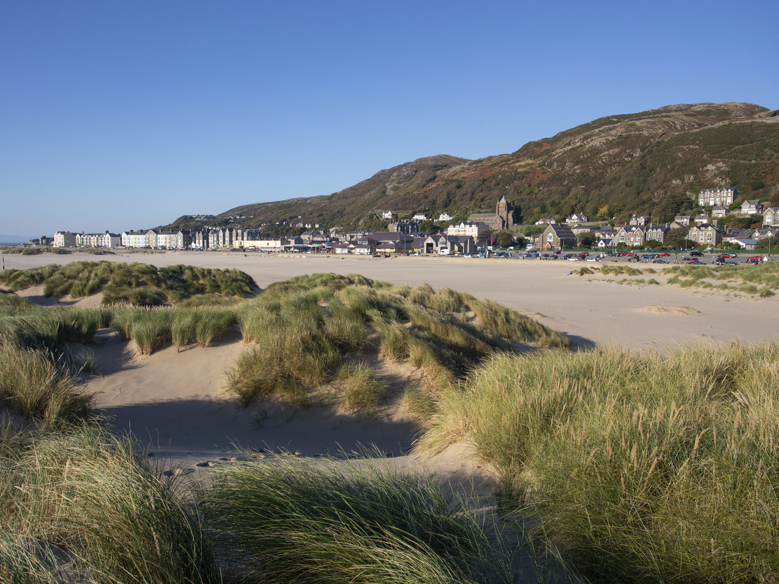 A coastal town with a sandy beach, dunes, and a town center with buildings.