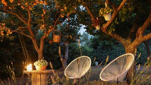 A wooden table with a candle and a potted plant, two wicker chairs, and a hanging basket with flowers. - TD Villa Marinesca Typical Villa With Pool (Polignano a Mare)