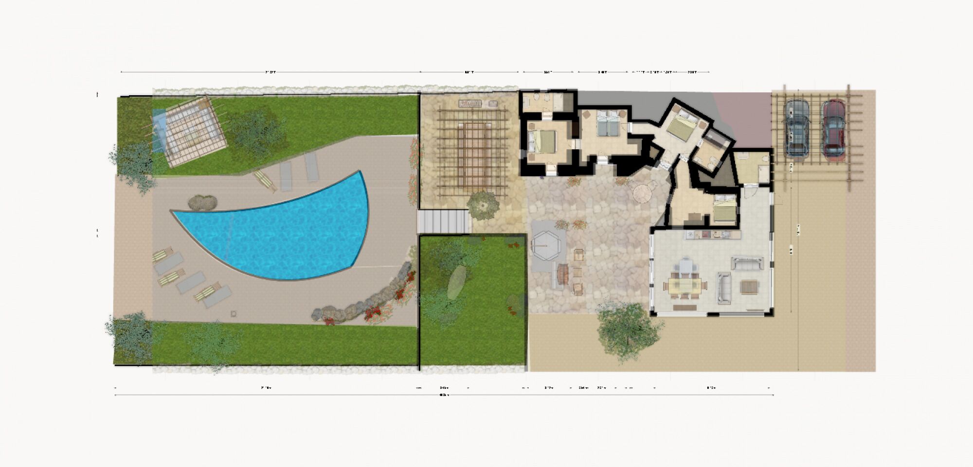 Plano de planta de un hotel que incluye piscina, varias habitaciones y zona de estacionamiento.