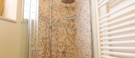 Une douche équipée d’un pommeau de douche à effet pluie, d’un pommeau de douche à main et d’une cabine de douche fermée par des parois en verre.