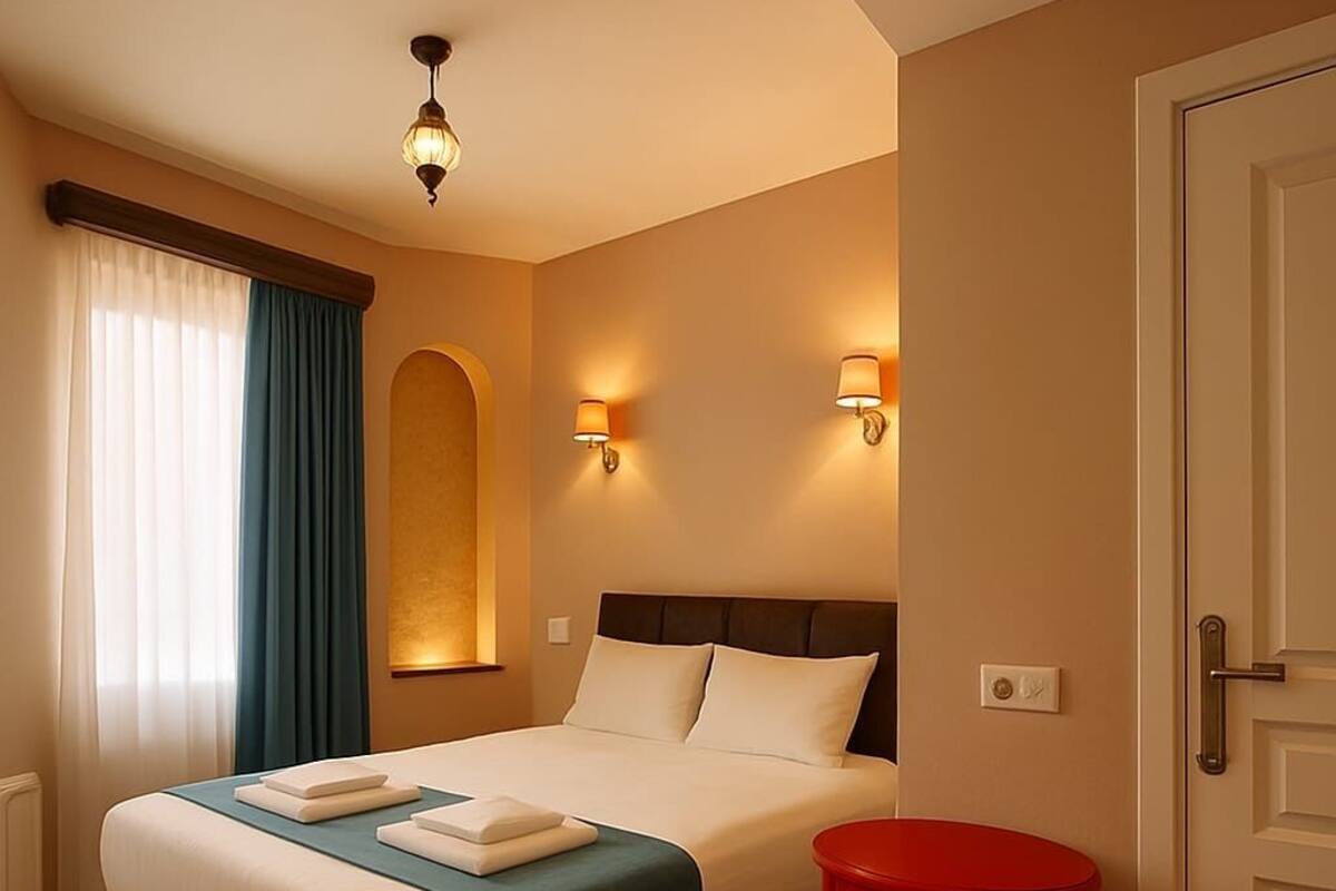 A hotel room with a bed, a red side table, and two wall-mounted lamps.