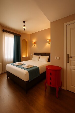 Ein Hotelzimmer mit einem Bett, einem roten Nachttisch und zwei Wandlampen.