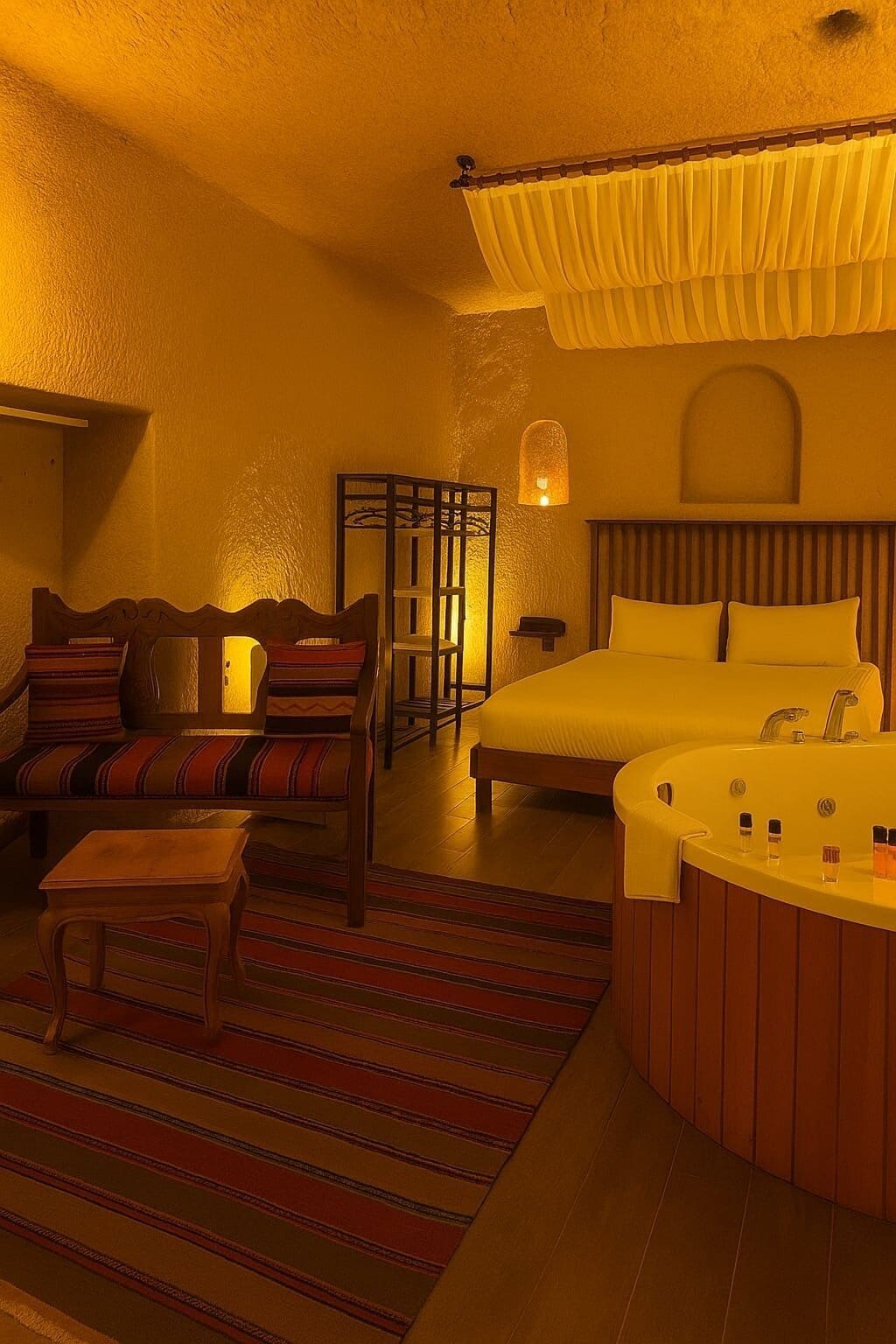 A hotel room with a bed, a sofa, a small table, a chair, a bathtub, and a decorative wall panel.
