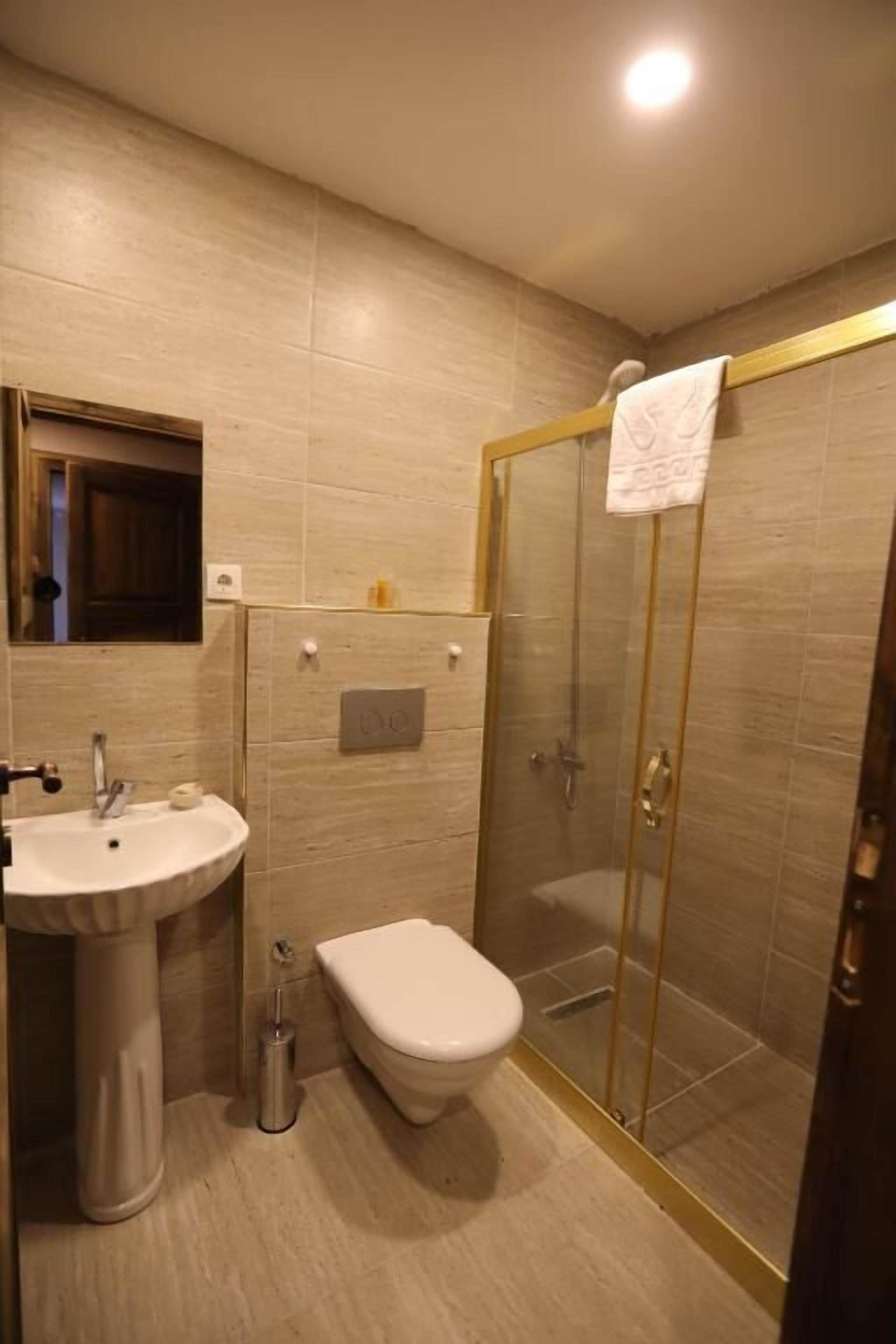 A bathroom with a sink, toilet, and glass-enclosed shower.