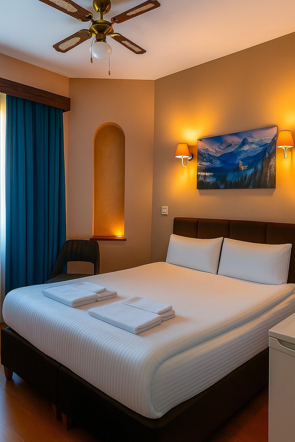 Una habitación de hotel con una cama grande, un ventilador de techo, un cuadro en la pared y un escritorio con una silla.