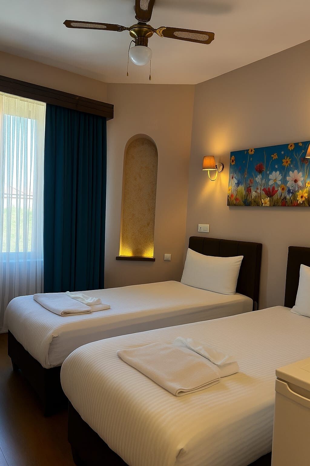 A hotel room with two beds, a ceiling fan, a painting, and a window with curtains.