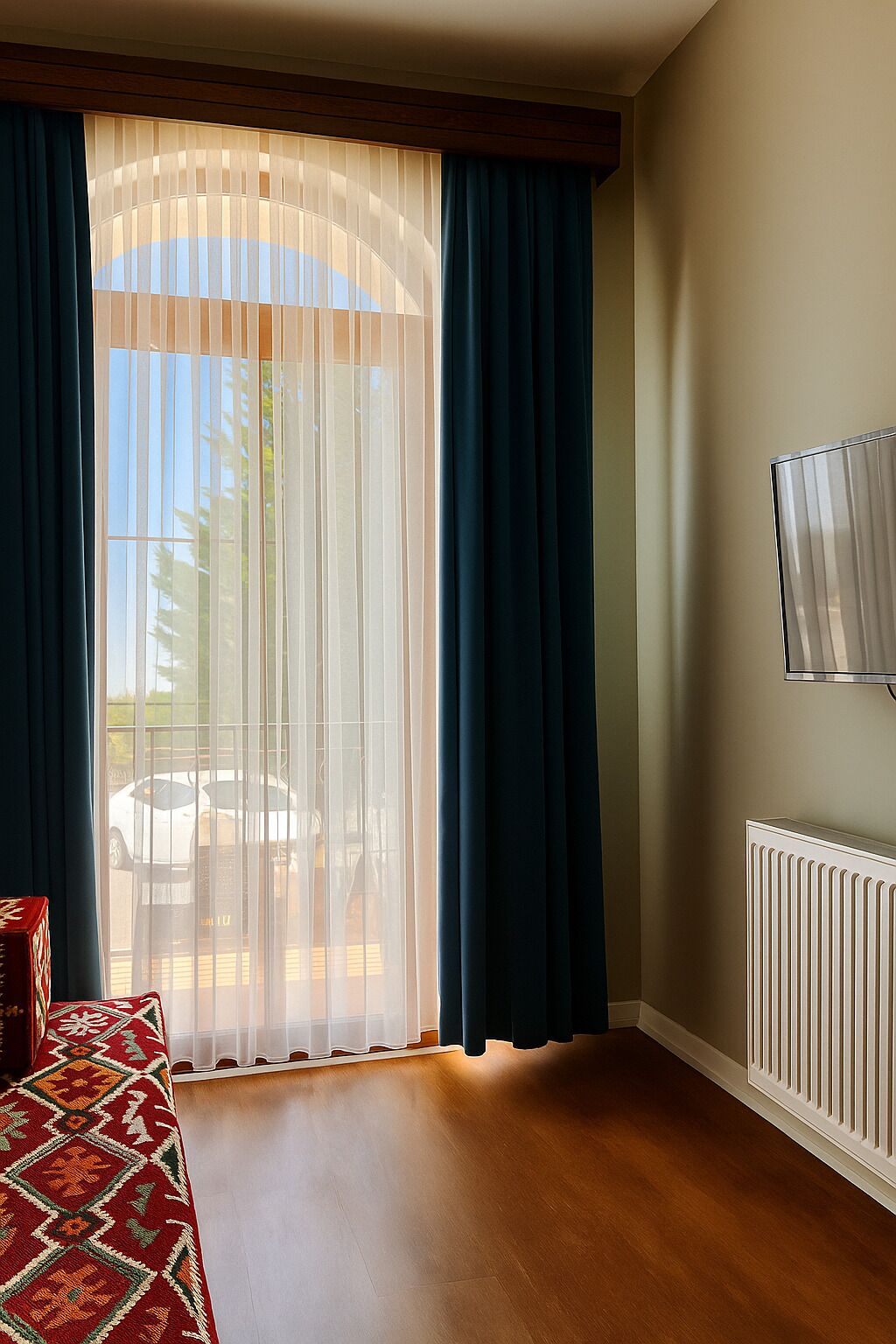 A room with a large window covered by sheer white curtains and dark blue drapes, a radiator on the wall, and a patterned rug on the floor.