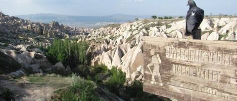 Un segnale di legno raffigura una sagoma di un escursionista sullo sfondo di un paesaggio roccioso con cielo sereno.