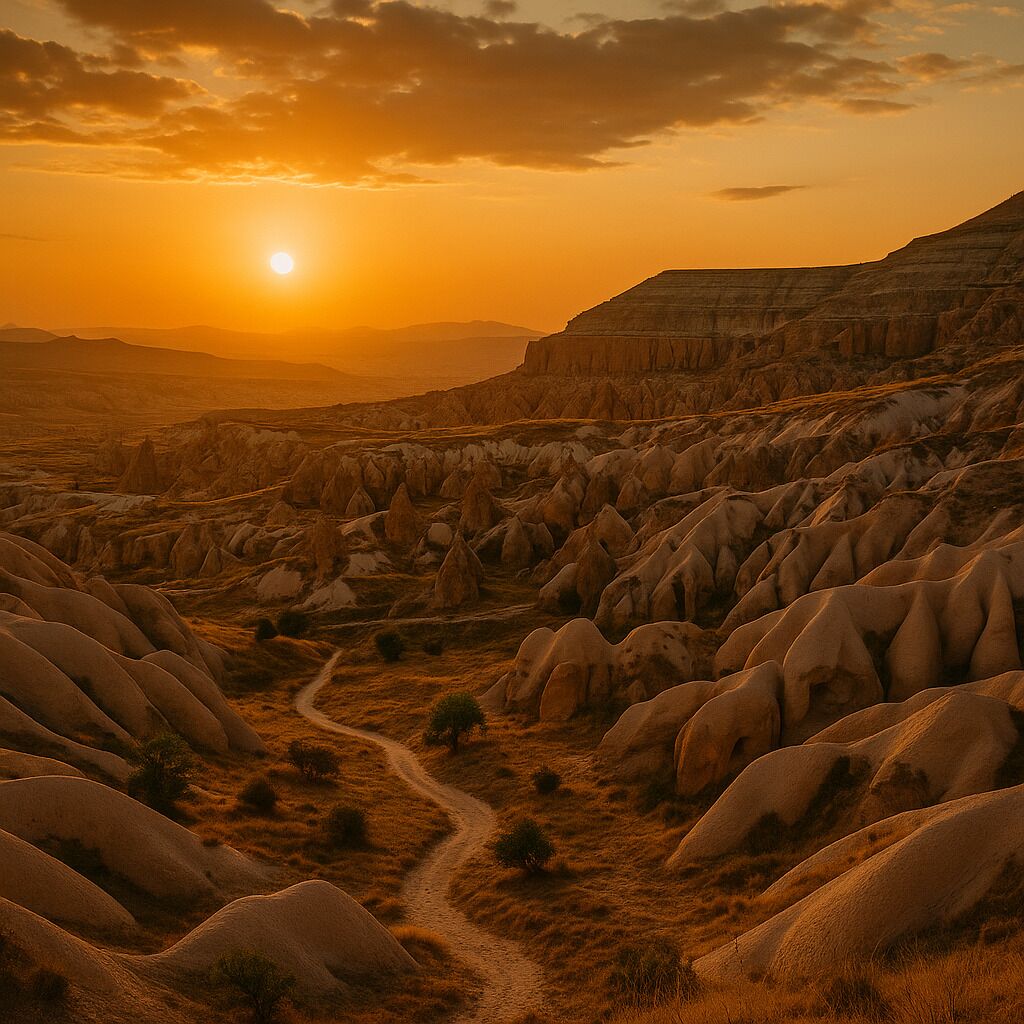 A desert landscape with a winding path and distinctive rock formations.