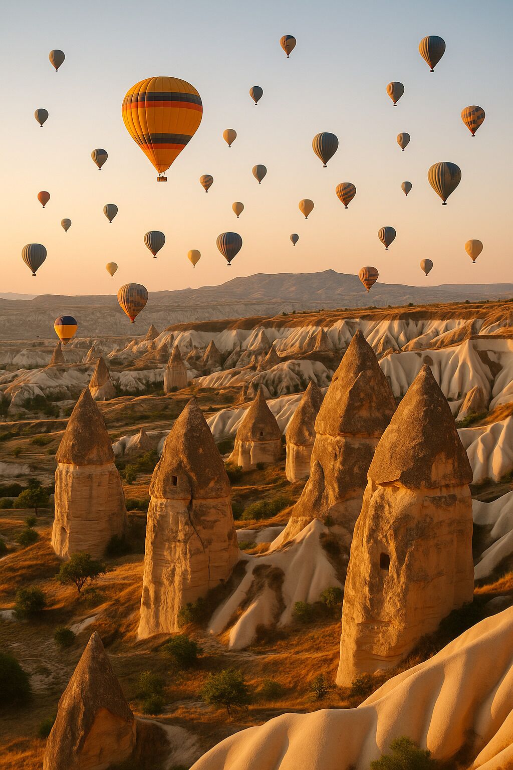 Eine Landschaft mit einzigartigen Felsformationen und Heißluftballons am Himmel.