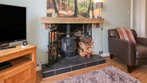 A living room with a fireplace, a television on a wooden stand, and a brown leather sofa. - Blue Skies Cottage (Arbroath)