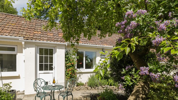 A white cottage with a tiled roof, a garden with a tree and purple flowers, and a patio with a table and chairs. - Long Batch Cottage (Shepton Mallet)