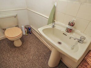 A bathroom with a toilet, sink, and various toiletries. - Dollar Ward House Basement (Cirencester)