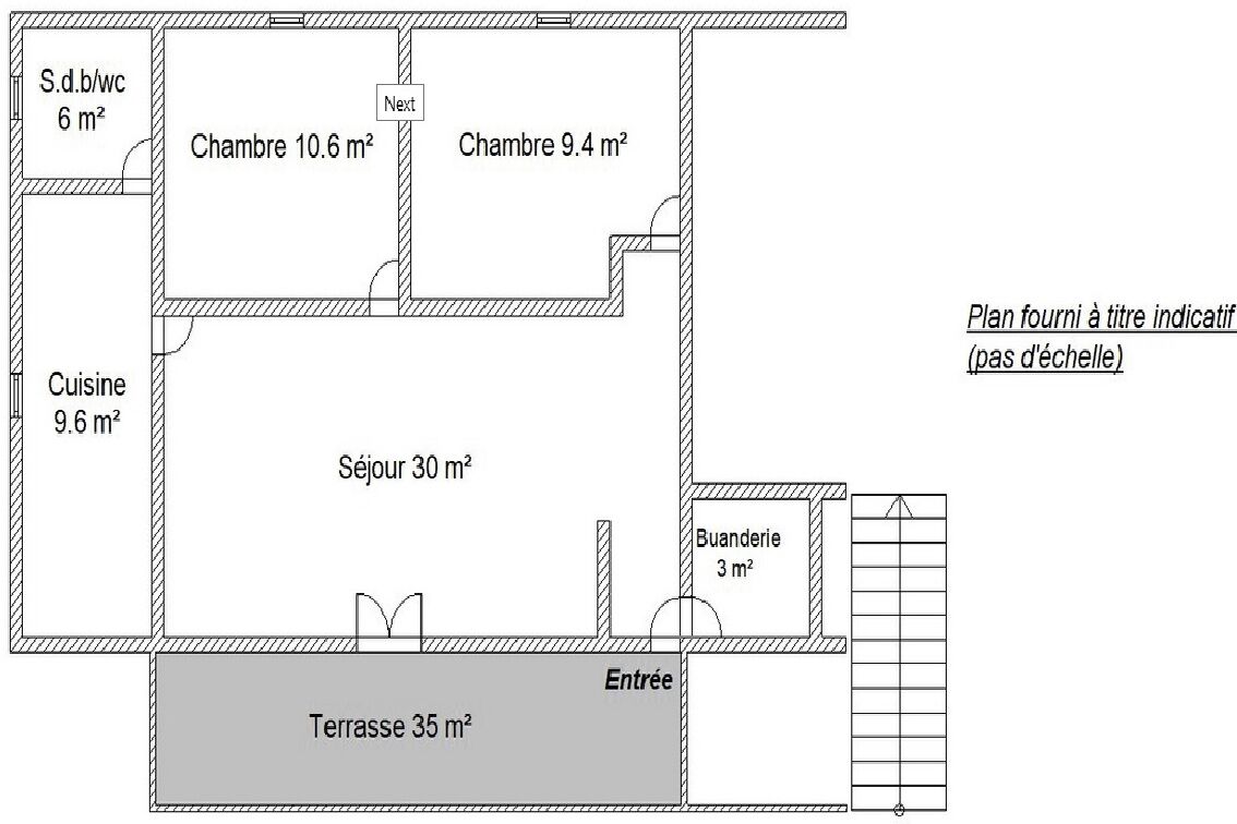 Plattegrond van een hotelkamer met een woonkamer (10,6 m²), een slaapkamer (9,4 m²), een keuken (9,6 m²), een zithoek (30 m²), een berging (3 m²) en een terras (35 m²).