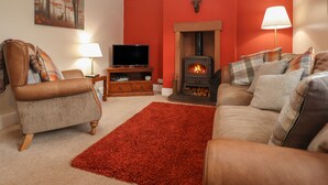 Una sala de estar acogedora con chimenea, televisor y dos sofás.