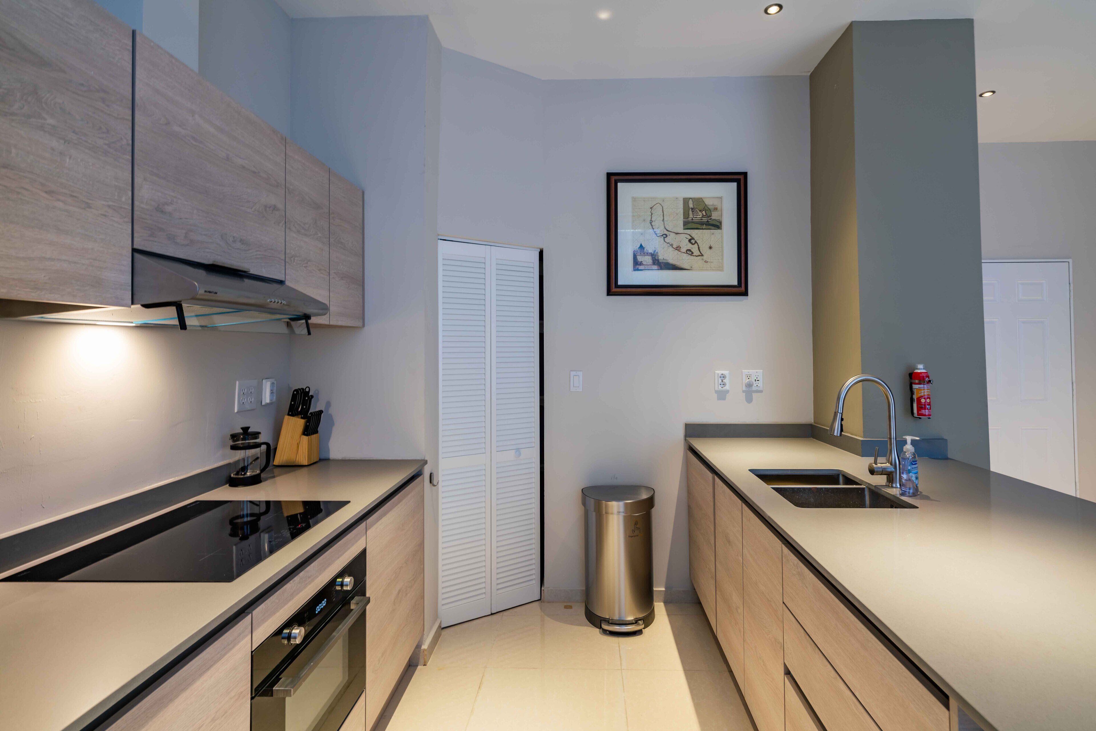 A modern kitchen with a black induction cooktop, wooden cabinets, a stainless steel trash can, and a framed picture on the wall.