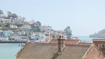 A coastal town with terraced houses and a harbor.