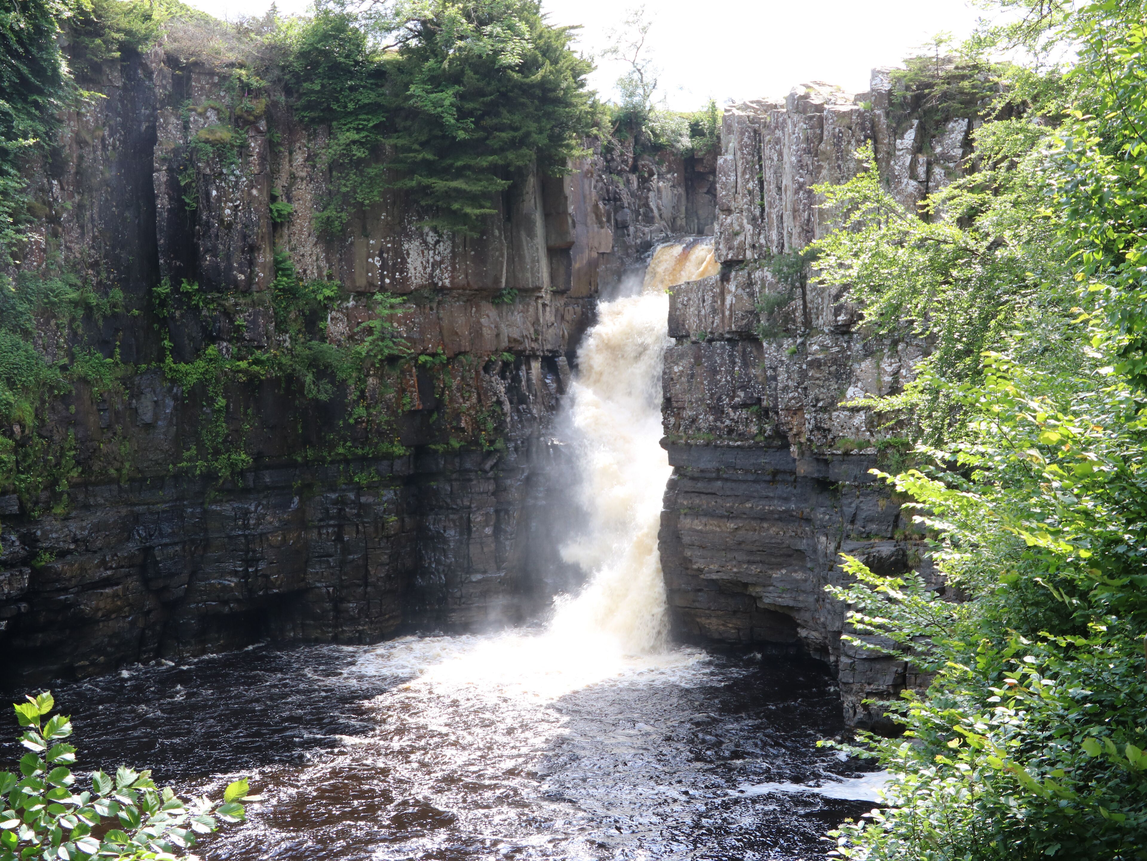 A waterfall cascading down a rocky cliff surrounded by dense greenery.
