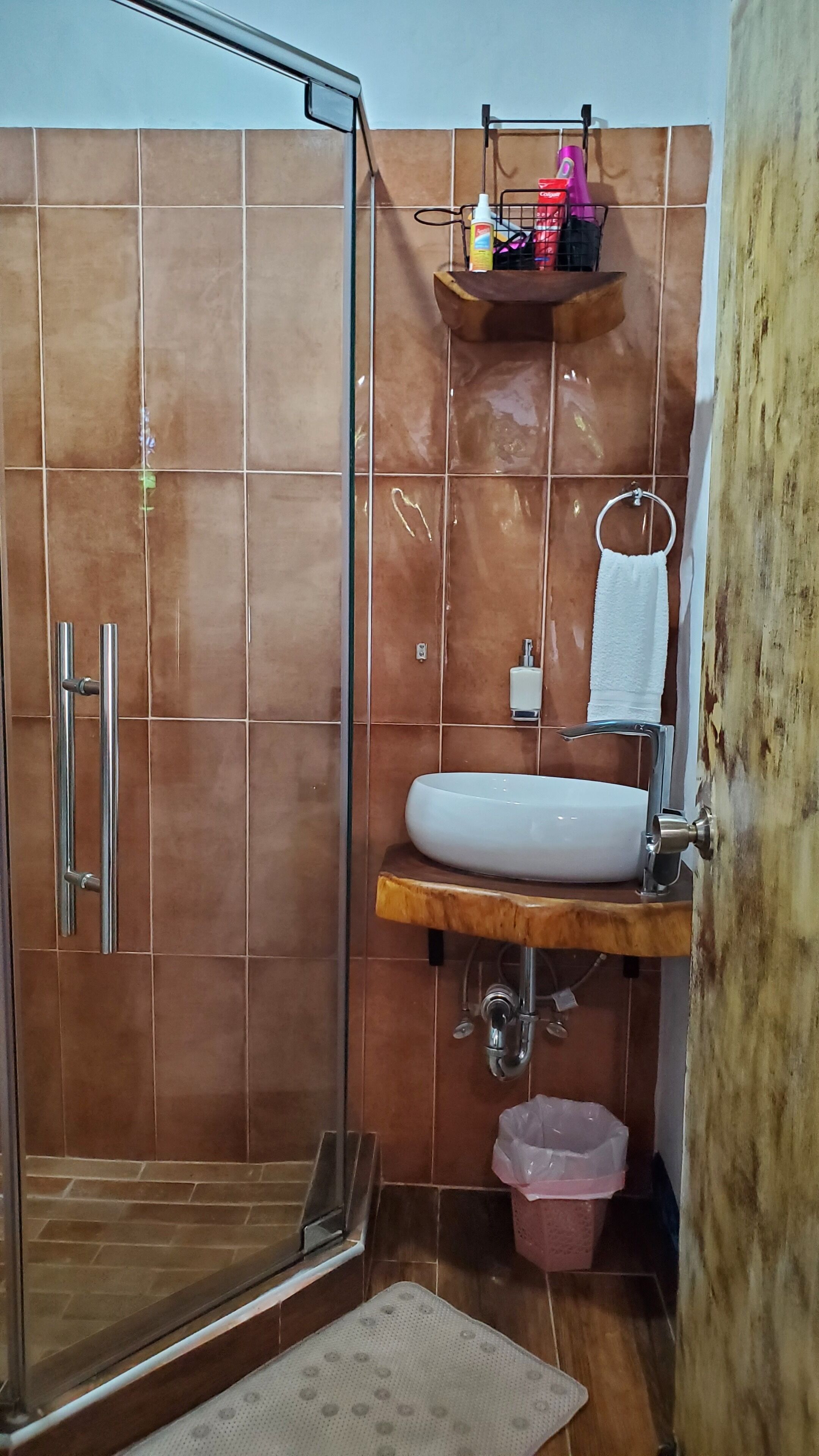 Une salle de bain avec une douche à parois de verre, un lavabo blanc et une étagère en bois où sont rangés les articles de toilette.