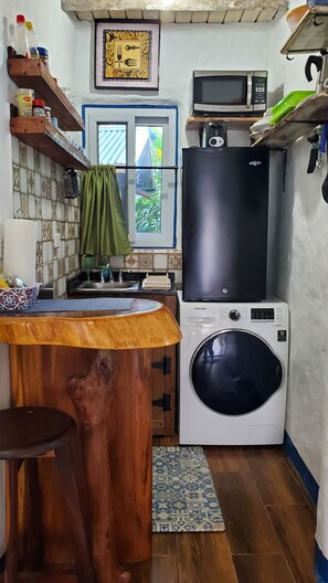 Fridge, microwave, stovetop, electric kettle