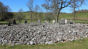 A stone circle with large standing stones and a grassy field in the background. - Kilmartin View (Lochgilphead)