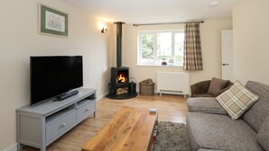 A living room with a TV, a fireplace, a sofa, and a window with curtains. - Orchard House Cottage (Malmesbury)