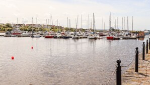 Un puerto deportivo con varias embarcaciones amarradas, rodeado por una zona residencial.