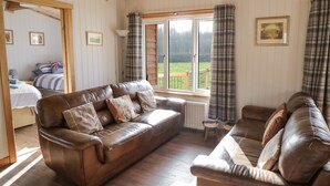 A cozy living room with a brown leather sofa, a smaller sofa, and a wooden-framed ceiling. There are two windows with plaid curtains, a radiator, and a small stool.