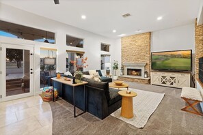 TV, fireplace, video games, music library