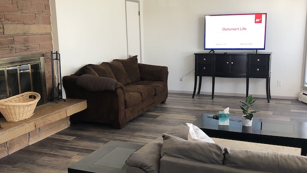 A living room with a brown sofa, a grey sofa, a black coffee table, a TV on a stand, and a fireplace with a basket and a plant on the mantel. - Cozy home next to airport with fenced backyard and lots of sun! (Juneau)