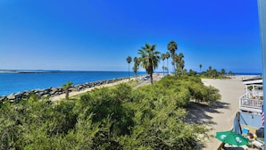 A beach view with a clear sky, palm trees, and a building with a balcony. - Ocean Front View - Steps from the beach! (San Diego)