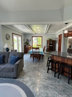 TV connectée, cheminée, lecteur de DVD, livres