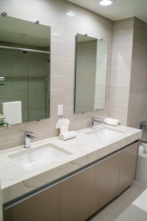 Bathtub, hair dryer, bidet, towels