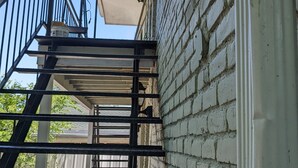 Eine Wendeltreppe mit Metallgeländer führt zu einem Gebäude mit einer Ziegelwand.