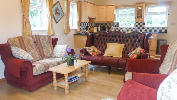 A living room with a sofa set, a wooden coffee table, and a patterned rug. - Borahard Lodge (Naas)