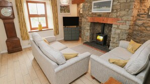 A living room with two grey sofas, a stone fireplace, a television, and a clock. - Brynawel (Carmarthen)