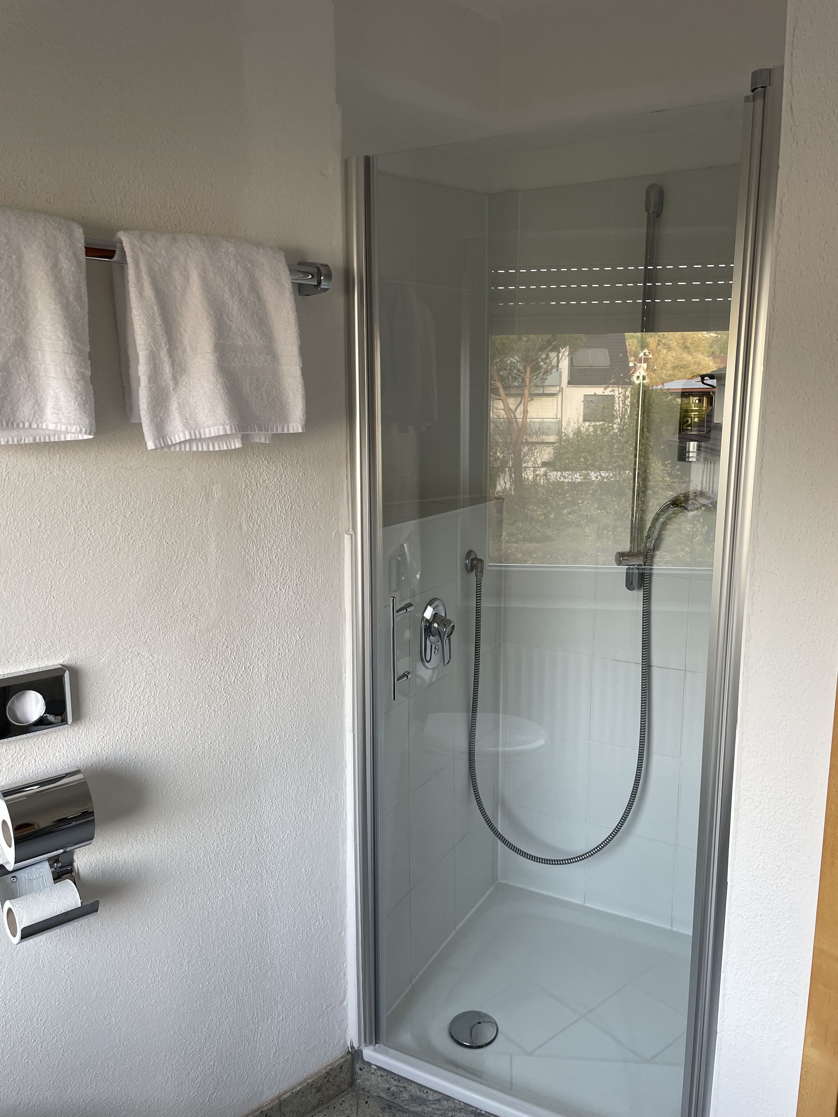 A glass-enclosed shower with a handheld showerhead and a wall-mounted faucet. There are two white towels hanging on a towel rack above the shower.