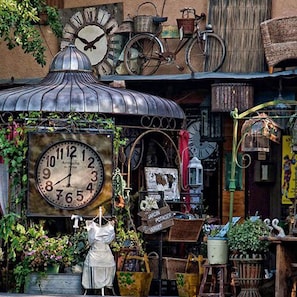 Discover unique treasures and charming decor in this vintage-style storefront, featuring a large clock, bicycles, and potted plants.