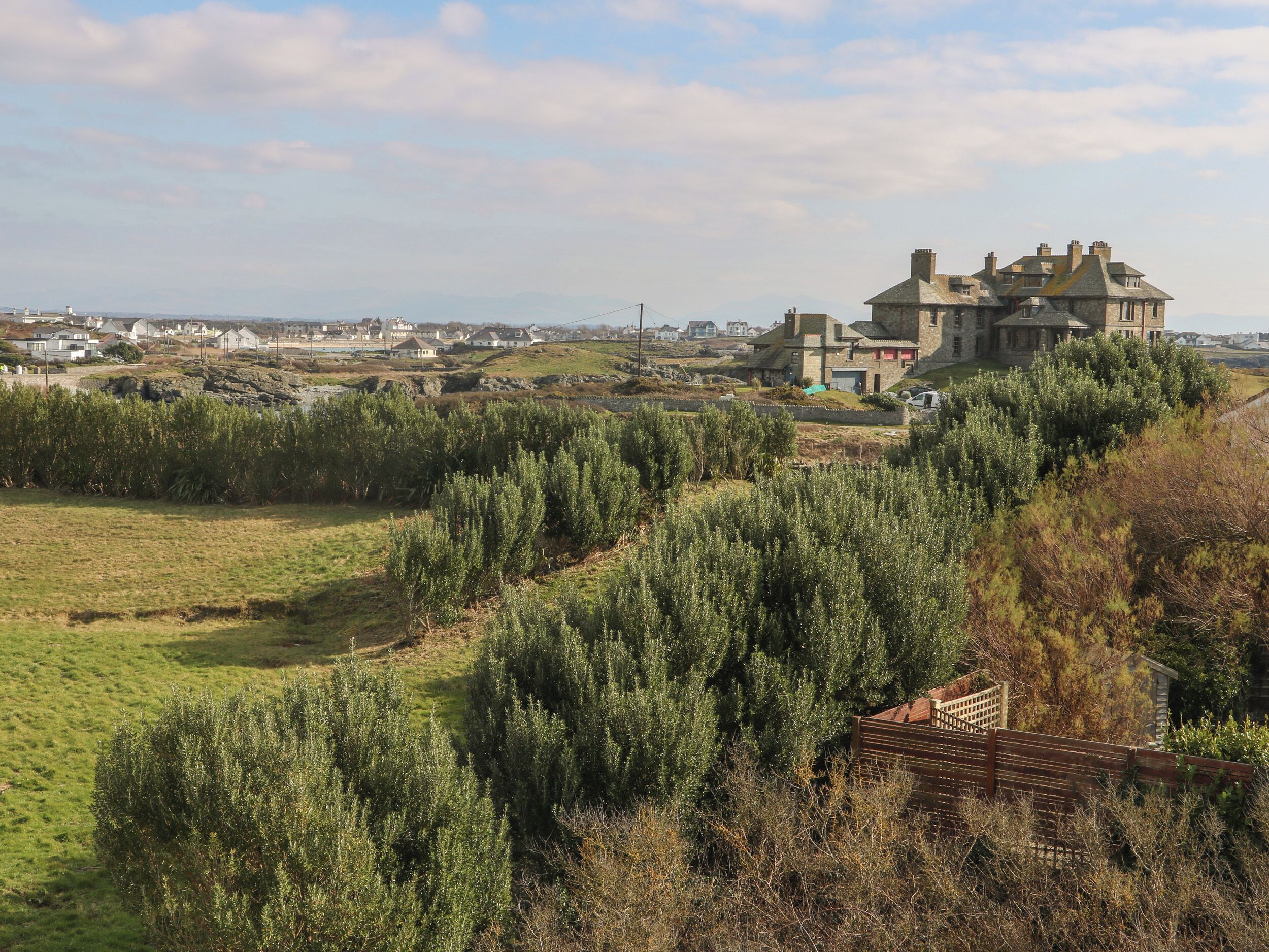 A large stone house with a prominent chimney, surrounded by dense shrubbery and a grassy field.